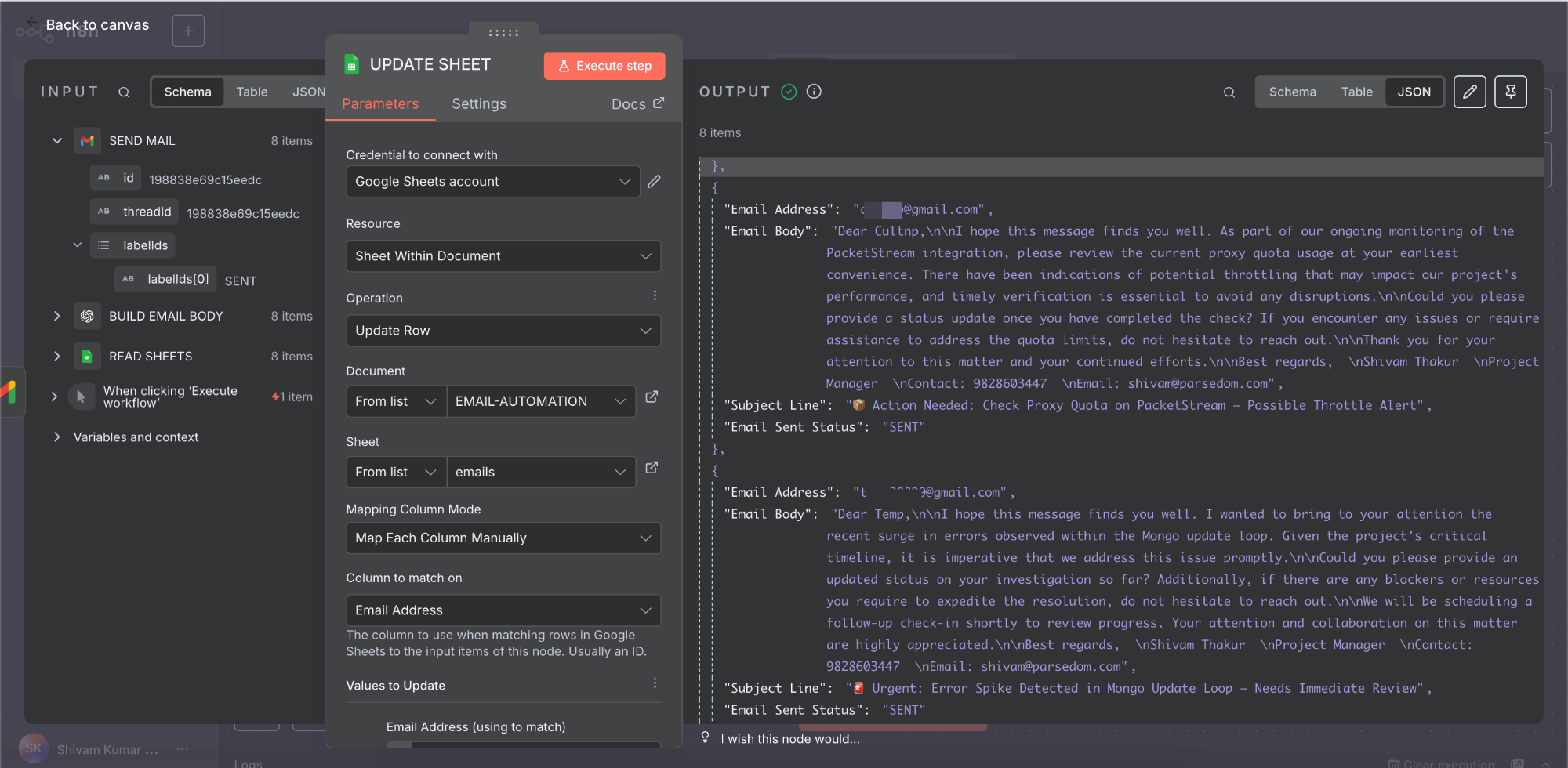 Update sheet node